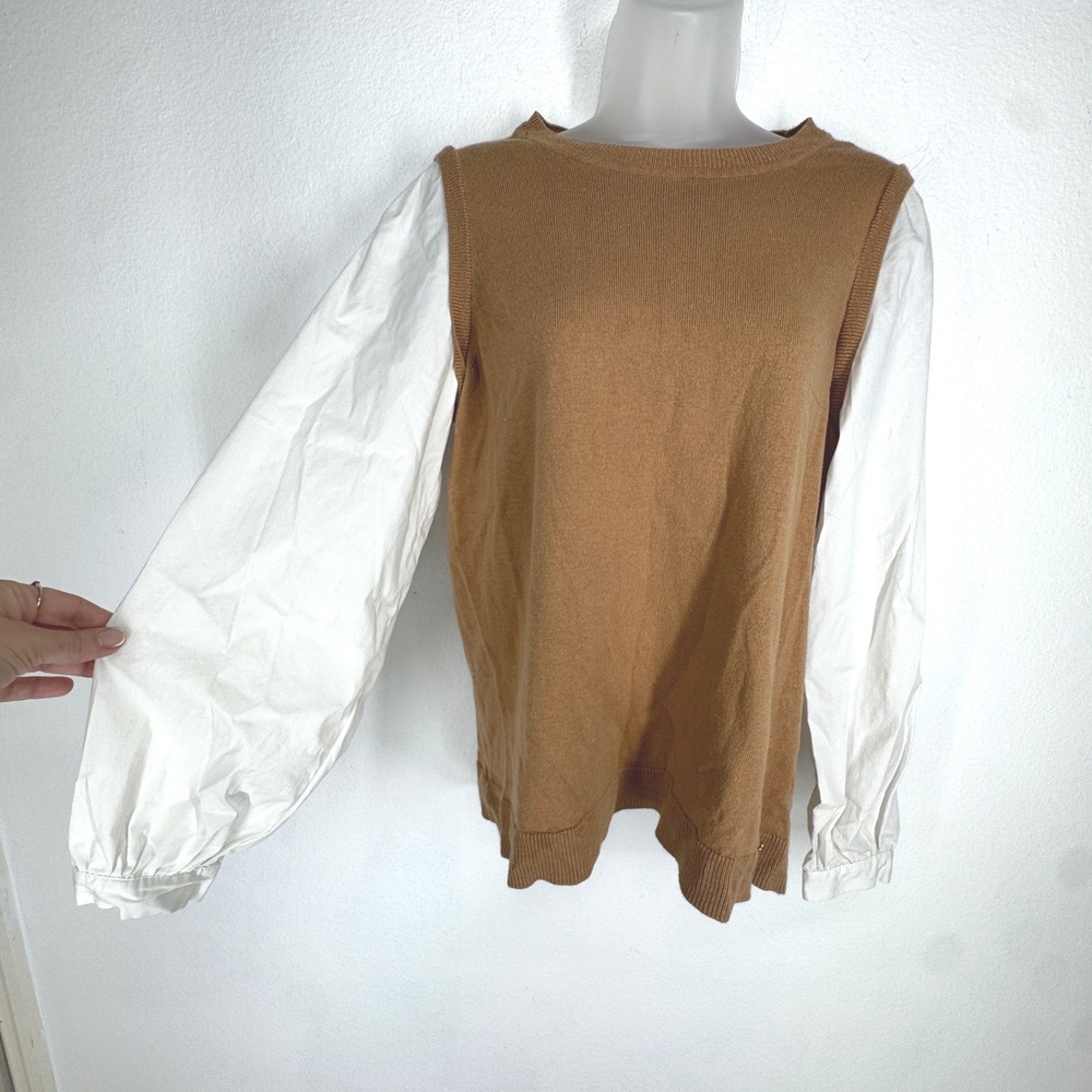 Anne Klein Women Camel Brown Mixed Media Layering Vest White Puff Sleeve Top S